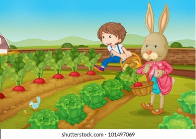 Boy and a rabbit picking raddishes