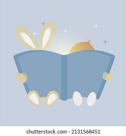 	
boy and rabbit read fairytale book blue background yellow light stars	
