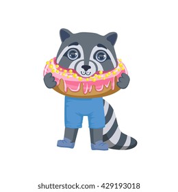 Boy Raccoon With Giant Doughnut Colorful Illustration In Cute Girly Cartoon Style Isolated On White Background