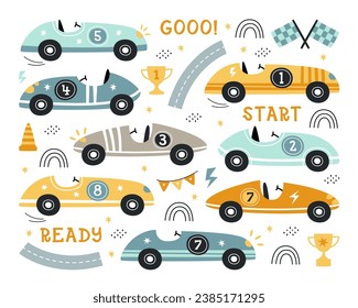 Boy Racing Car Set, Cartoon Auto Rally Fun Illustration