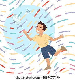 A boy with a racket beats off a shuttlecock. Badminton game. Kids activity on a walk. Children's sports. Vector character illustration, banner design.