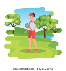 boy with racket practicing tennis in the camp