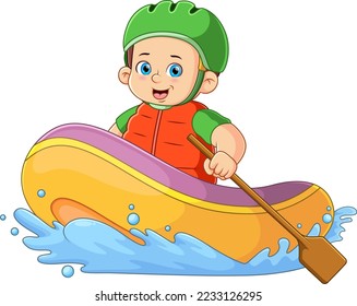 A boy rafting adventure using safety helmet and holding paddle of illustration