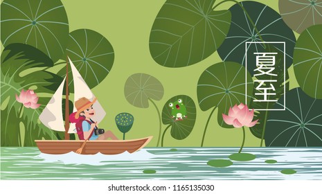 Boy rafting in lotus pond illustration vector