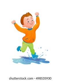 Boy in raincoat jumping and playing in the rain. Smiling cartoon
