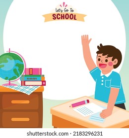 Boy Raise Hand In Classroom, Vector