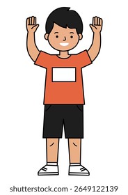 Boy with raised hands in orange shirt and black shorts. Happy preschooler doing exercises, attracting attention, for preschool educational advertising.