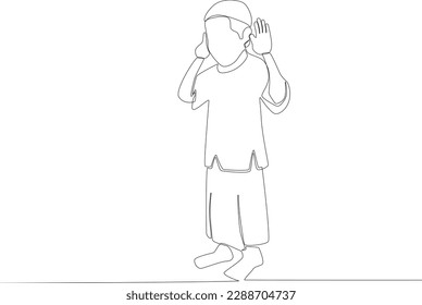 A boy raises his hand doing an opening laudation of prayer gesture. Sholat one-line drawing