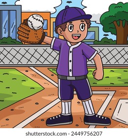 Boy Raising Baseball Colored Cartoon Illustration