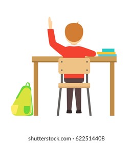 Boy Raising Hand Sitting At His Desk In Classroom, Part Of School And Scholar Life Series Of Minimalistic Illustrations