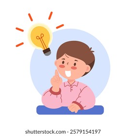 A boy raising his hand in a gesture that symbolizes a great idea or creative thought, with a yellow light bulb above his head emitting a bright light.