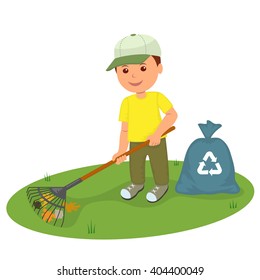 A boy with a rake. Concept design of correct recycling and ecology.