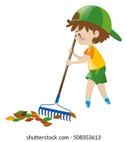 Boy raking dried leaves illustration