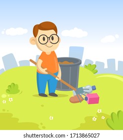 Boy raking garbage next to recycle bin on city and blue sky background. Colorful cartoon flat vector illustration.