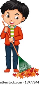 Boy raking leaves on white background illustration