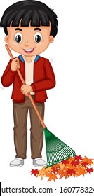 Boy raking leaves on white background illustration