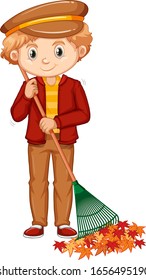 Boy raking leaves on white background illustration