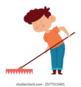 A boy raking leaves with a yellow rake in cartoon style