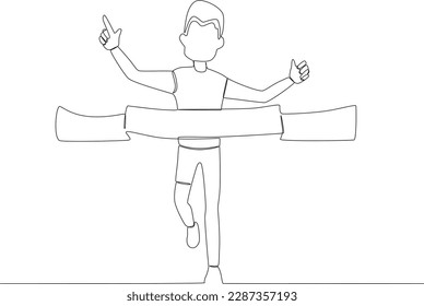 A boy ran to the finish line while raising a finger. Finish line one-line drawing