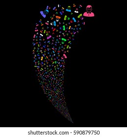 Boy random fireworks stream. Vector illustration style is flat bright multicolored iconic symbols on a black background. Object fountain combined from scattered pictograms.