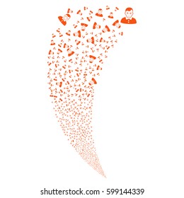 Boy random fireworks stream. Vector illustration style is flat orange iconic symbols on a white background. Object fountain created from scattered design elements.