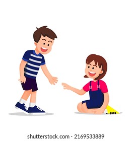 a boy reaches out to his friend to help her up