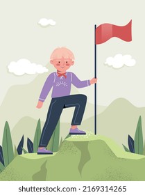 Boy Reaching Goal. Guy Puts Flag On Top, Successful Teenager. Pupil In Nature, Goal Achievement And Motivation, Leadership And Self Development, Hardworking Person. Cartoon Flat Vector Illustration