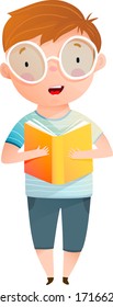 Boy read aloud book cute character standing holding open textbook and study. Kindergarten and school fun ABC cartoon for children, learning to read schoolboy. Watercolor style vector isolated clipart