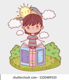 boy read book with sun and rainbow
