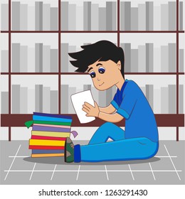 
A boy read books in the school library