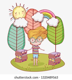 boy read books with trees and clouds