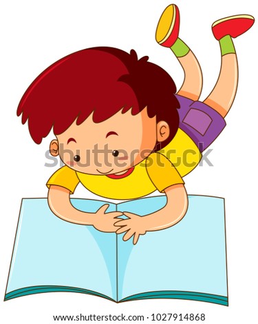 Boy reading big book alone illustration