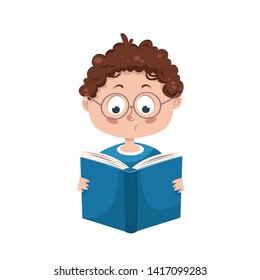 boy reading a big book vector illustration