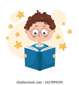 boy reading a big book vector illustration