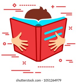 Boy reading a big red book icon over white background with lines