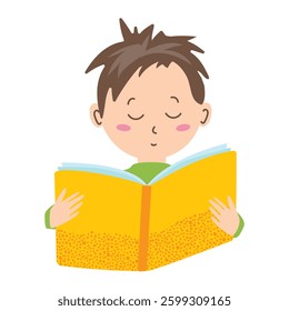 Boy reading big yellow book. Book lovers day. For education, learning, literacy