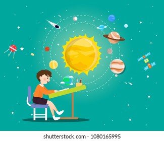 Boy reading a book about universe
