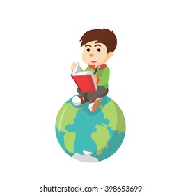 Boy reading book about the world
