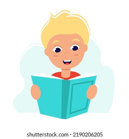 Boy reading book. Back to school. Love reading concept. Template for banner, postcard, card, invitation. Vector Illustration in flat style.