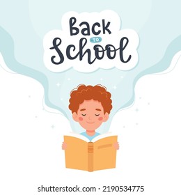 Boy reading a book. Back to school lettering. Cute vector illustration concept in cartoon style