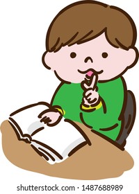 A boy reading a book, "be quiet"