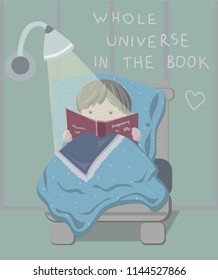 A boy is reading a book in bed. 