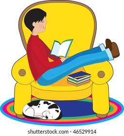 A Boy Is Reading A Book In A Big Comfy Chair While His Dog Sleeps Nearby