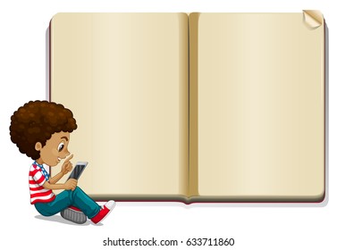 Boy reading book and blank book template illustration