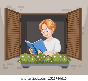 A boy reading a book by the window