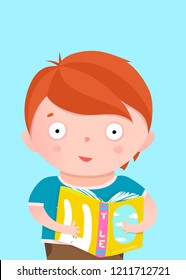 Boy Reading Book Card Design. Little boy standing with book greeting card design. Vector cartoon.