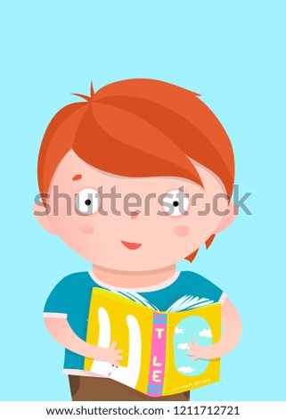 Boy Reading Book Card Design. Little boy standing with book greeting card design. Vector cartoon.