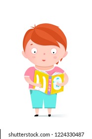 Boy reading a book cartoon. Little boy standing with book greeting card design. Vector cartoon.