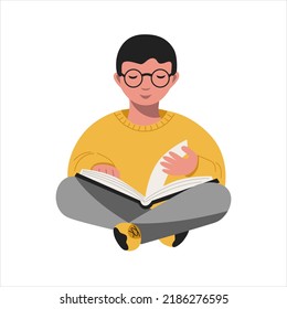 The boy is reading a book, a character for a bookstore.