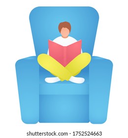 Boy Reading a Book. Child or Teenager in an Armchair Isolated on White Background. Concept of Leisure or Learning at Home. Minimalist Vector Illustration